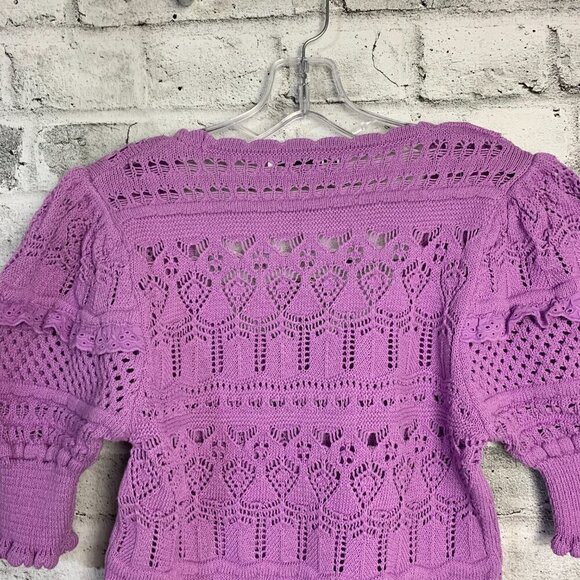 Zara Pointelle Knit Crochet Puff Sleeve Scoop Neck Lavender Cropped Sweater - Picture 6 of 13
